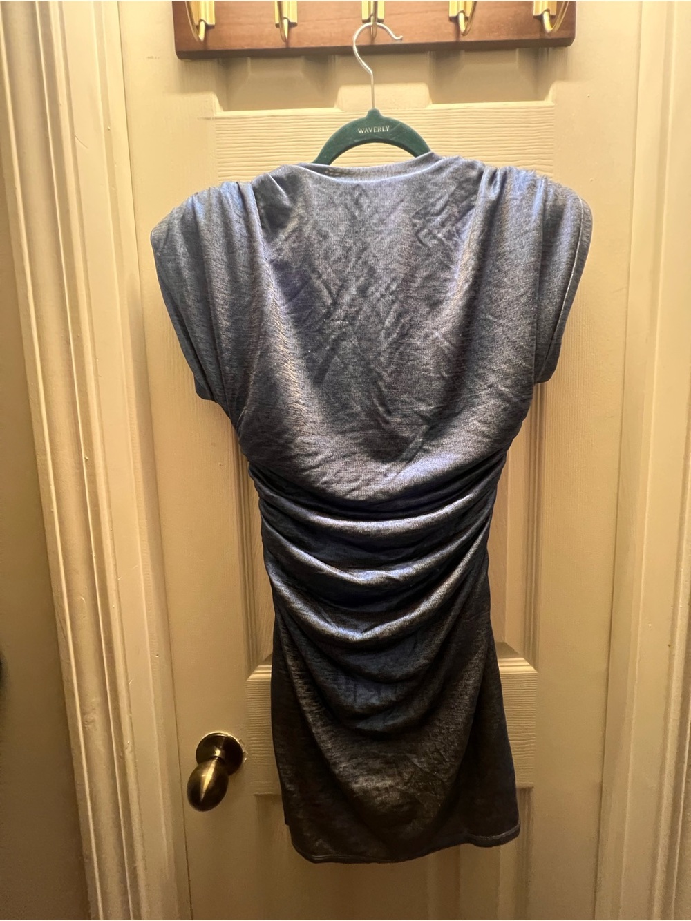 Metallic Slate Blue Ruched Mini Dress - Picture 3 of 4